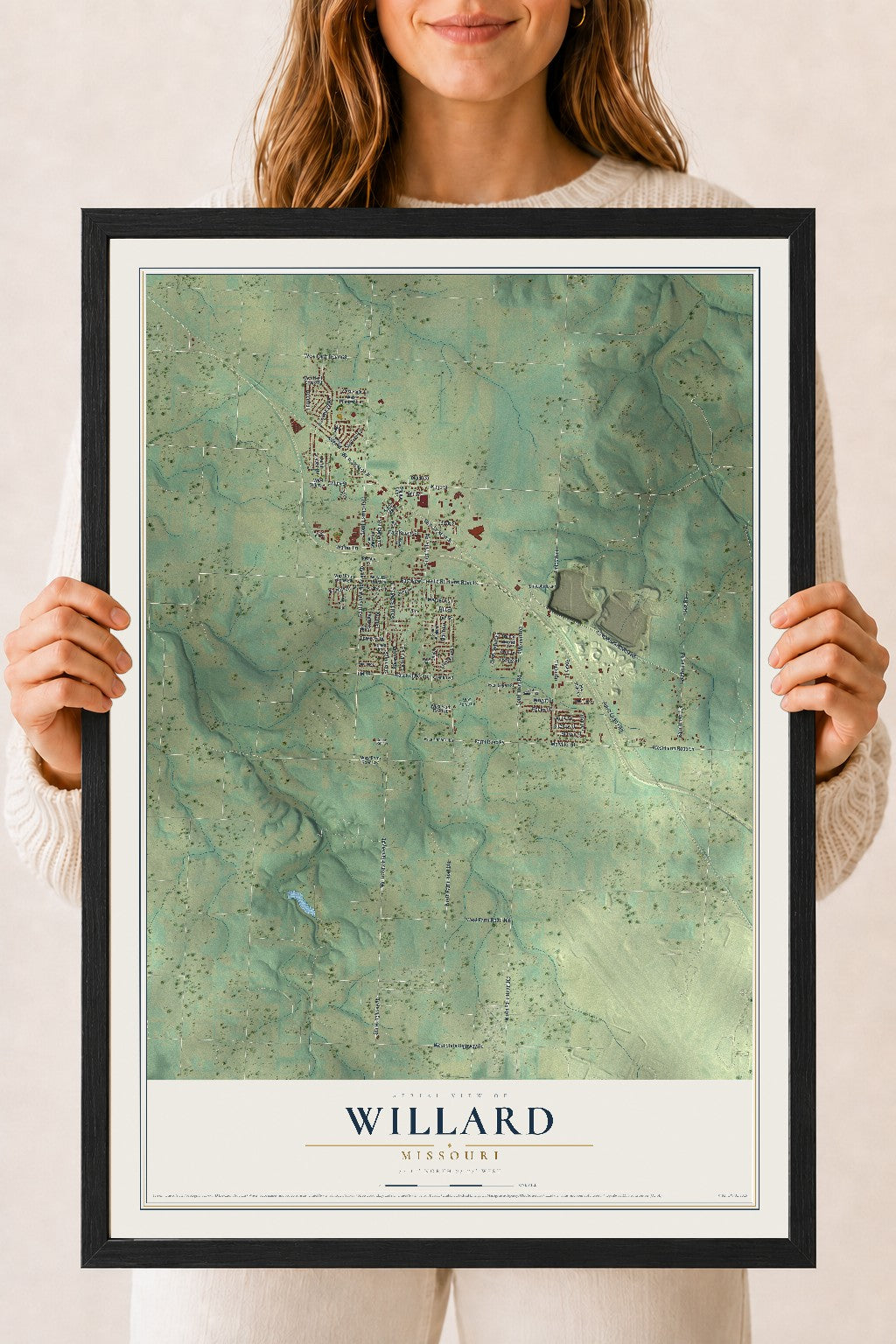 Map of Willard, Missouri, 18 x 24 inch print in a black wood frame