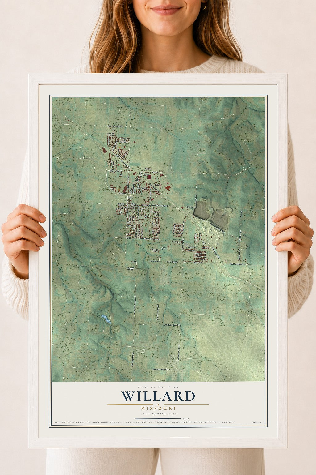 Map of Willard, Missouri, 18 x 24 inch print in a white wood frame