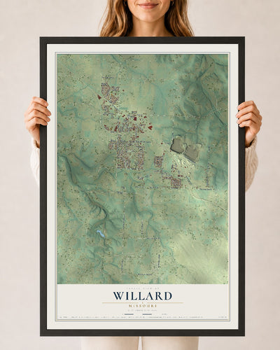Map of Willard, Missouri, 24 x 36 inch print in a black wood frame