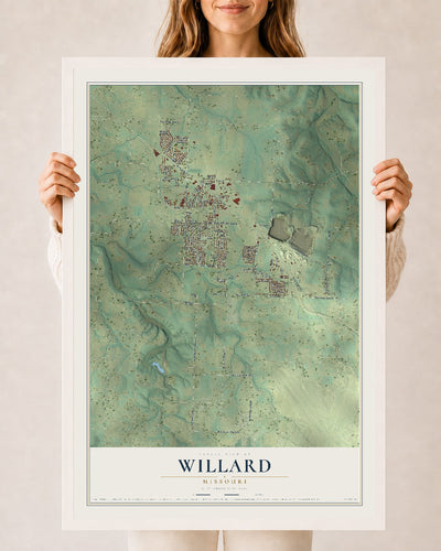Map of Willard, Missouri, 24 x 36 inch print in a white wood frame