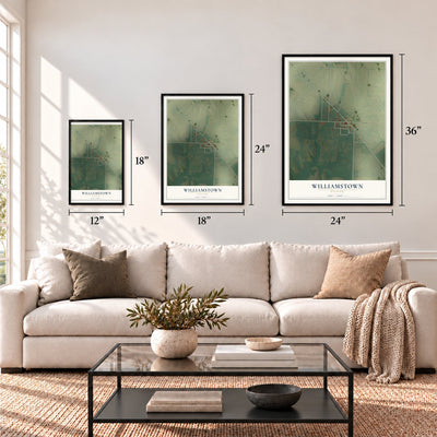 Williamstown, Missouri map in 12 x 18, 18 x 24 and 24 x 36 inch sizes above a sofa