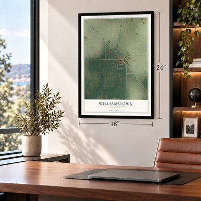 Williamstown, Missouri map, 18 x 24 inch print in a black frame in a home office