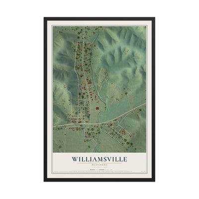Map of Williamsville, Missouri, 12 x 18 inch print in a black wood frame