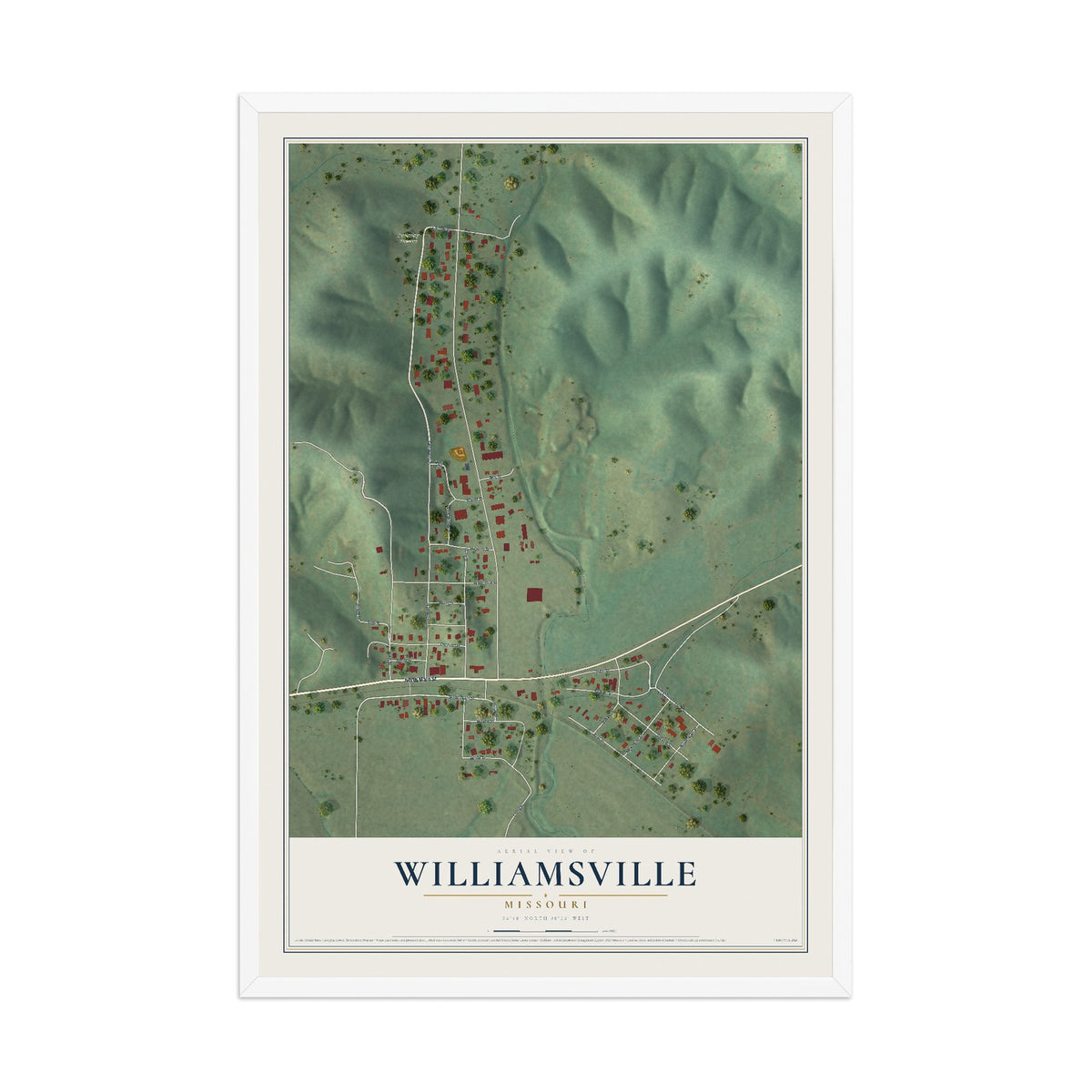 Map of Williamsville, Missouri, 12 x 18 inch print in a white wood frame