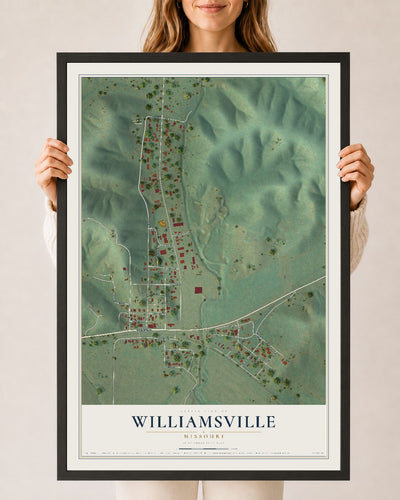 Map of Williamsville, Missouri, 24 x 36 inch print in a black wood frame