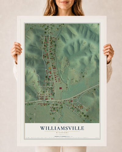 Map of Williamsville, Missouri, 24 x 36 inch print in a white wood frame