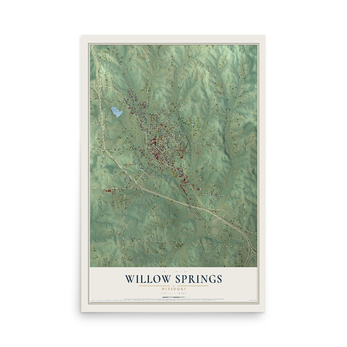 Map of Willow Springs, Missouri, 12 x 18 inch unframed archival matte print