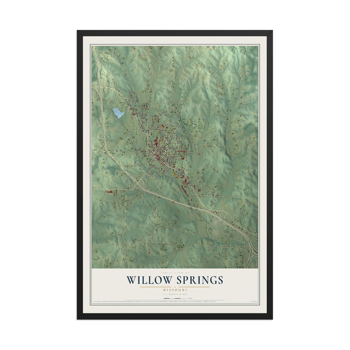 Map of Willow Springs, Missouri, 12 x 18 inch print in a black wood frame