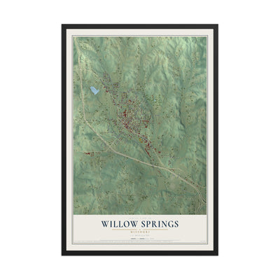 Map of Willow Springs, Missouri, 12 x 18 inch print in a black wood frame