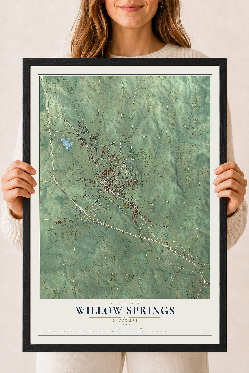 Map of Willow Springs, Missouri, 18 x 24 inch print in a black wood frame