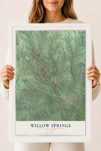 Map of Willow Springs, Missouri, 18 x 24 inch print in a white wood frame