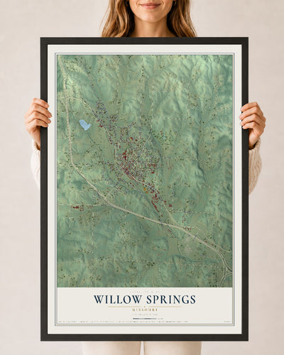 Map of Willow Springs, Missouri, 24 x 36 inch print in a black wood frame