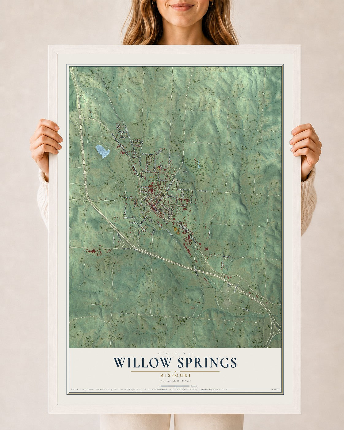 Map of Willow Springs, Missouri, 24 x 36 inch print in a white wood frame