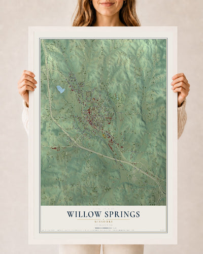 Map of Willow Springs, Missouri, 24 x 36 inch print in a white wood frame