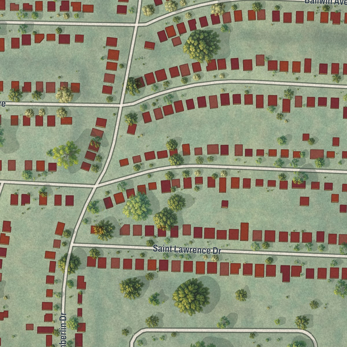 Close-up of the map of Winchester, Missouri print showing street and building detail