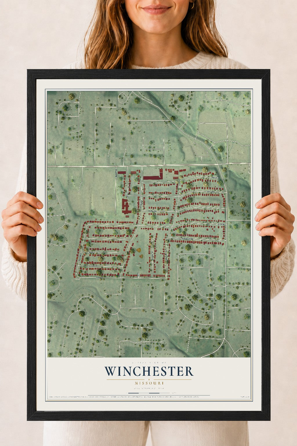 Map of Winchester, Missouri, 18 x 24 inch print in a black wood frame