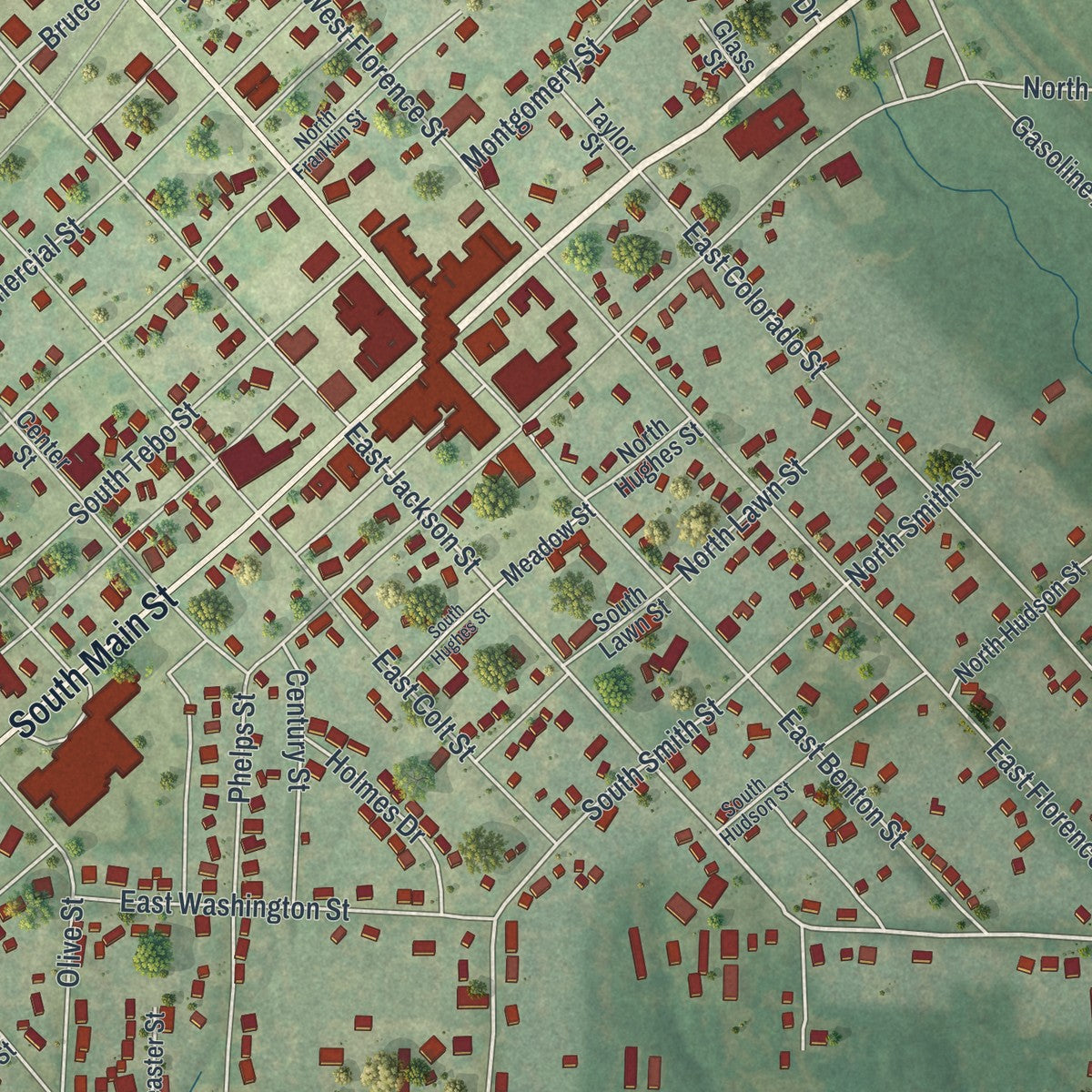 Close-up of the map of Windsor, Missouri print showing street and building detail