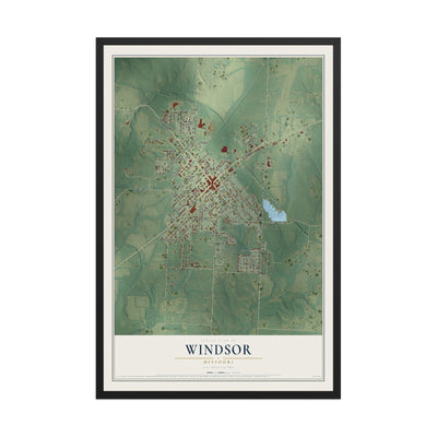Map of Windsor, Missouri, 12 x 18 inch print in a black wood frame
