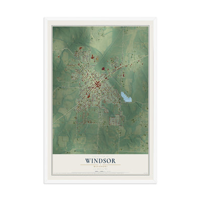 Map of Windsor, Missouri, 12 x 18 inch print in a white wood frame
