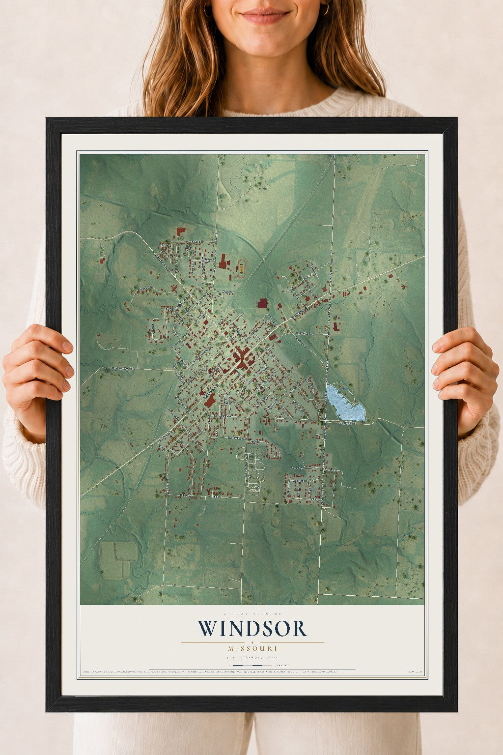 Map of Windsor, Missouri, 18 x 24 inch print in a black wood frame