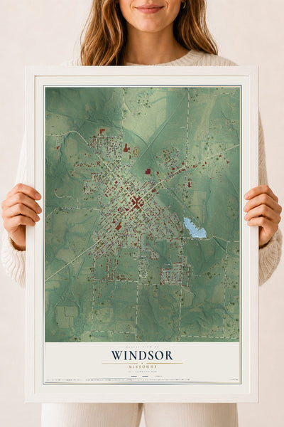 Map of Windsor, Missouri, 18 x 24 inch print in a white wood frame