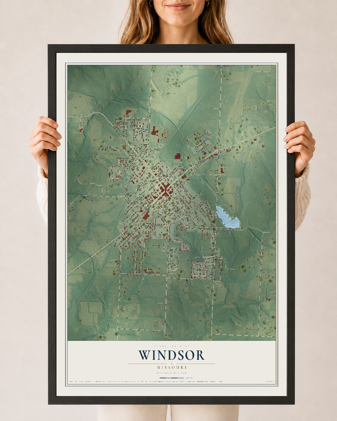 Map of Windsor, Missouri, 24 x 36 inch print in a black wood frame