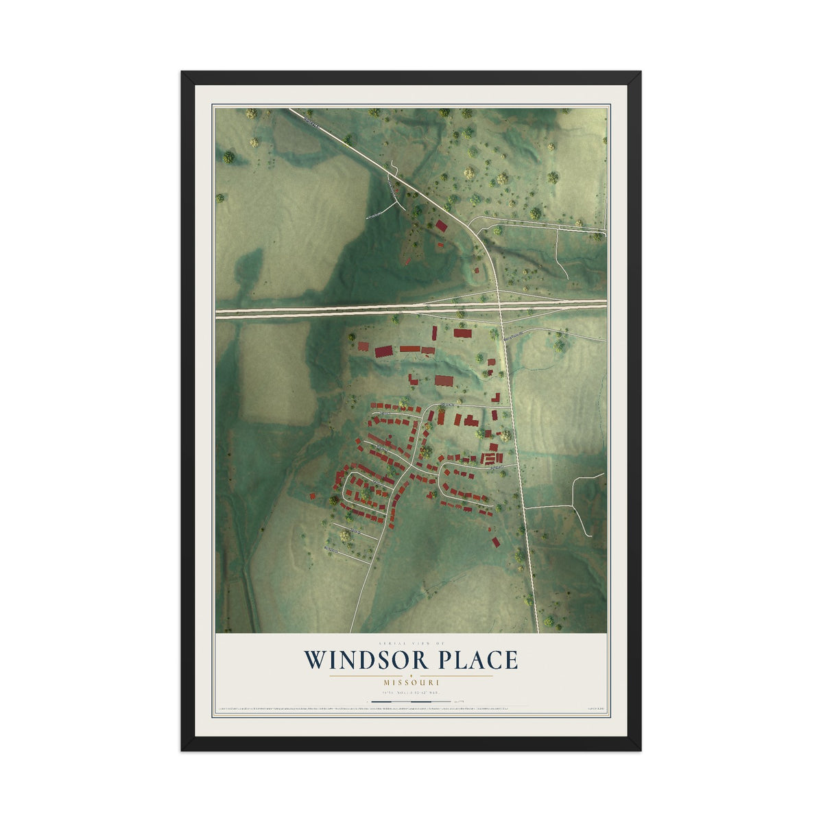 Map of Windsor Place, Missouri, 12 x 18 inch print in a black wood frame
