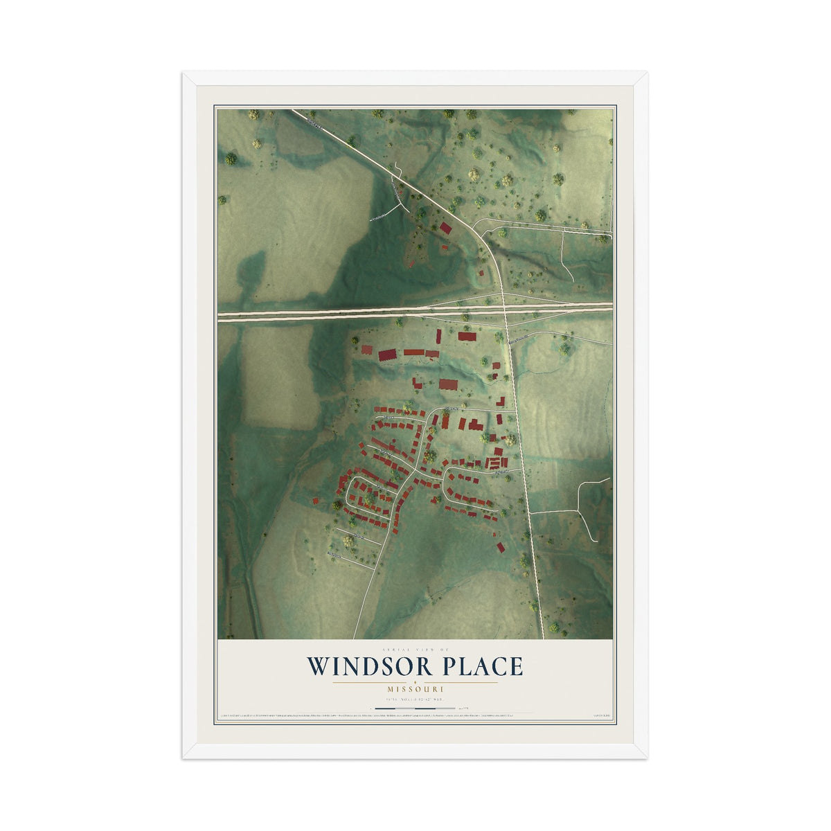 Map of Windsor Place, Missouri, 12 x 18 inch print in a white wood frame