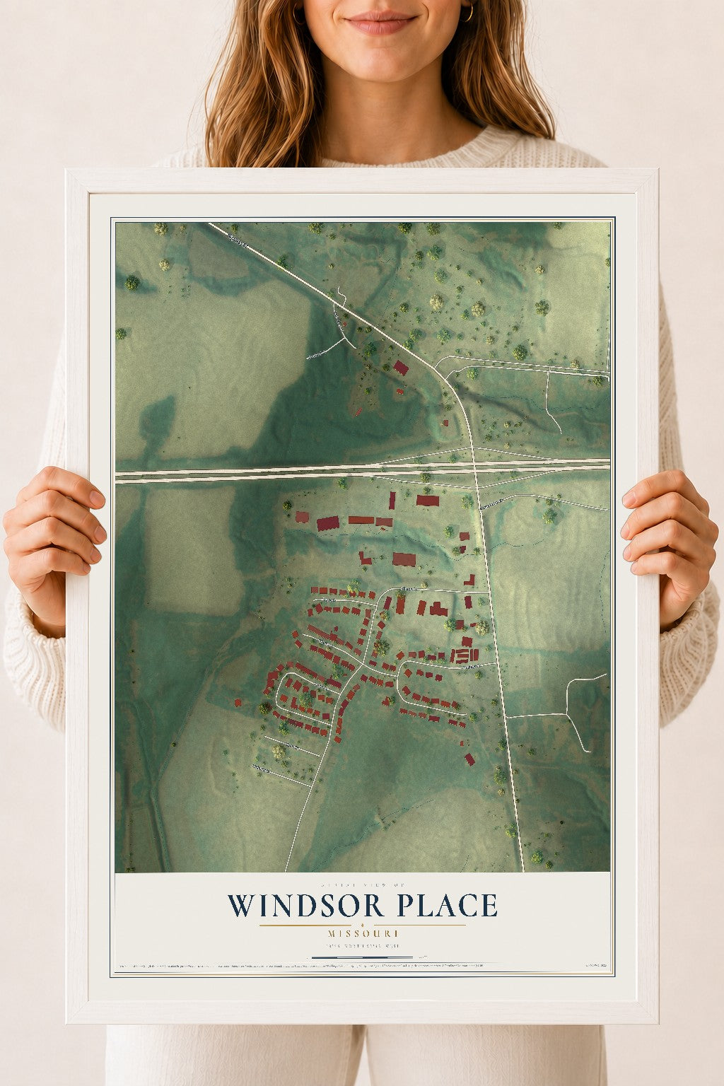 Map of Windsor Place, Missouri, 18 x 24 inch print in a white wood frame