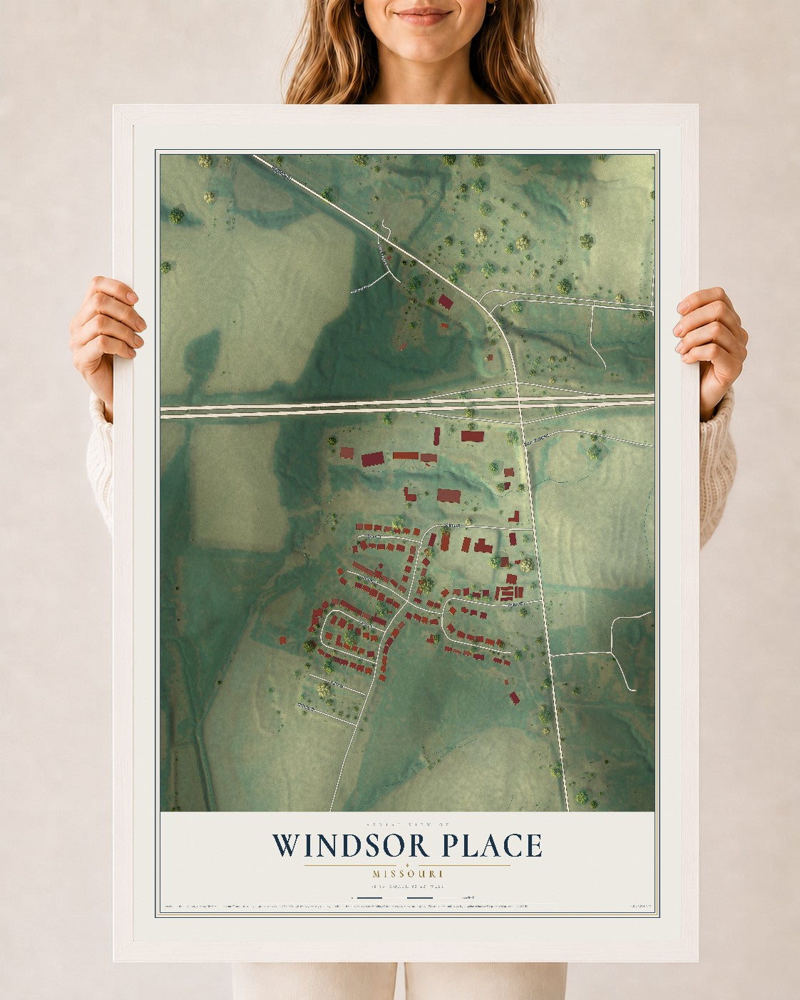 Map of Windsor Place, Missouri, 24 x 36 inch print in a white wood frame