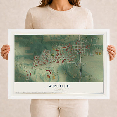 Map of Winfield, Missouri, 12 x 18 inch print in a white wood frame
