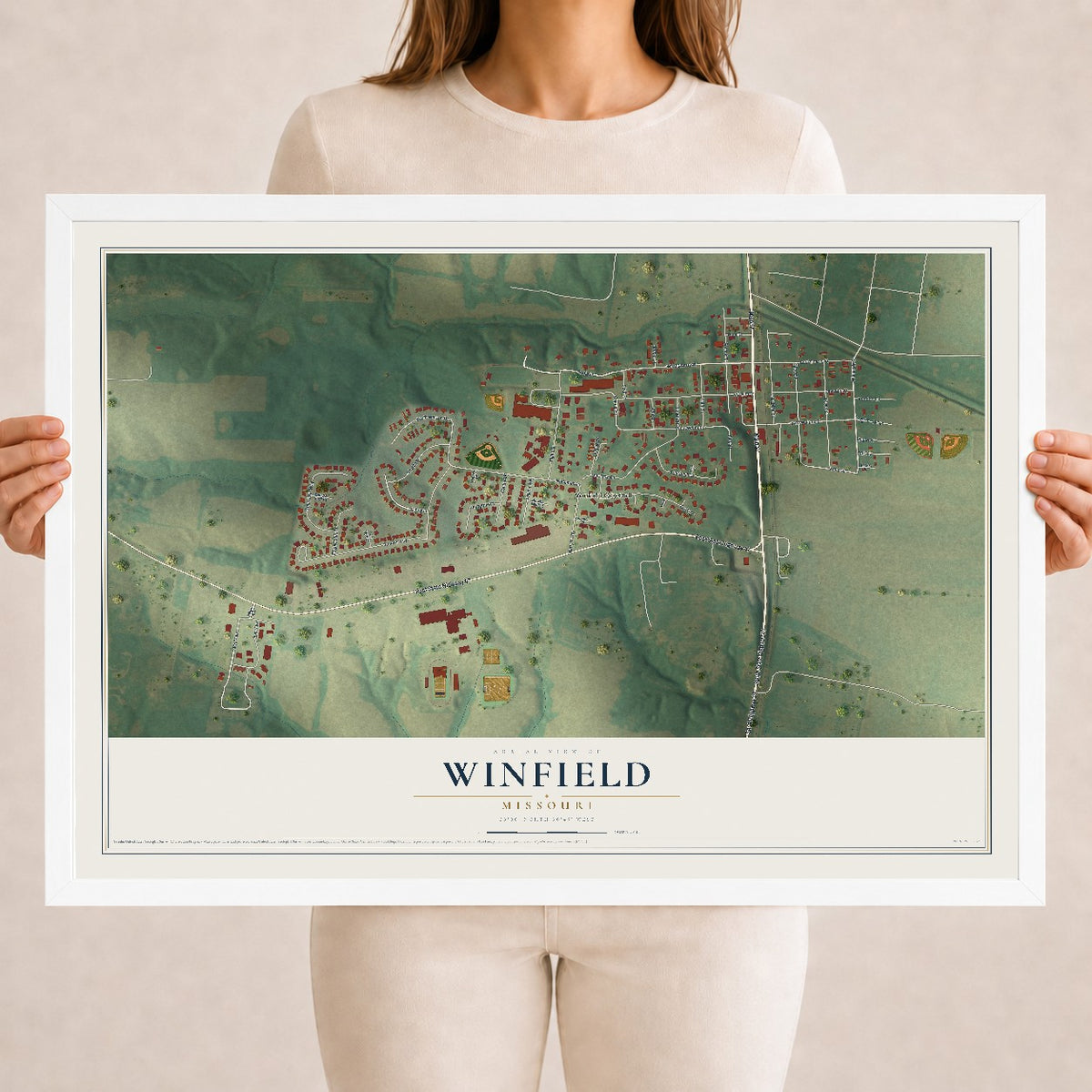 Map of Winfield, Missouri, 18 x 24 inch print in a white wood frame