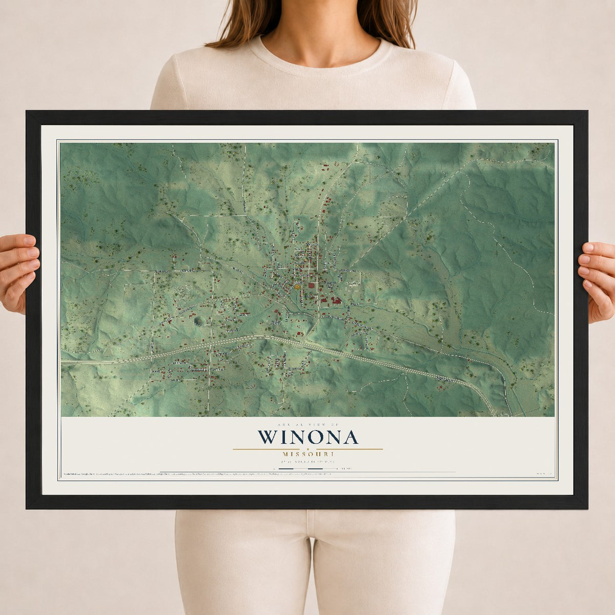 Map of Winona, Missouri, 18 x 24 inch print in a black wood frame