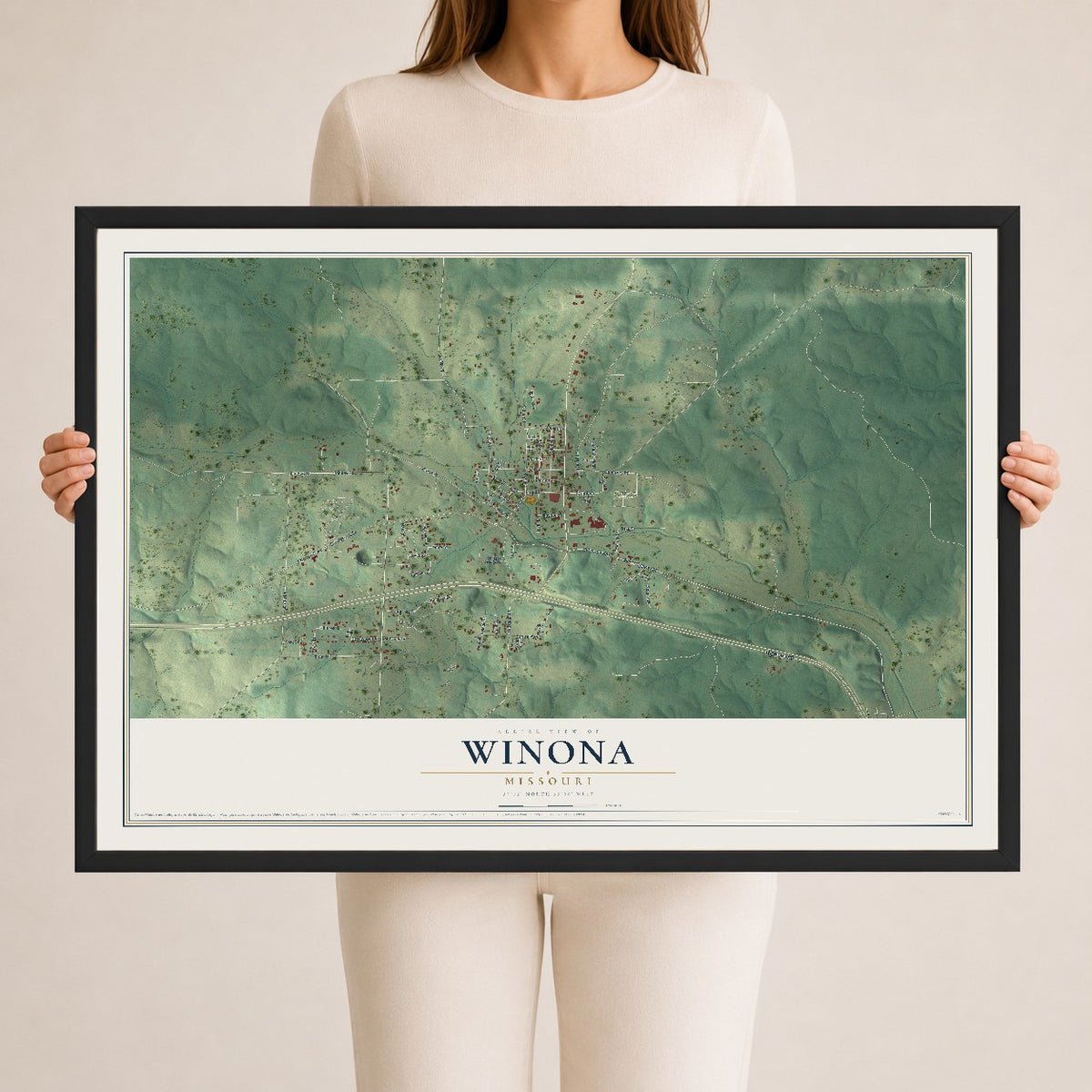 Map of Winona, Missouri, 24 x 36 inch print in a black wood frame