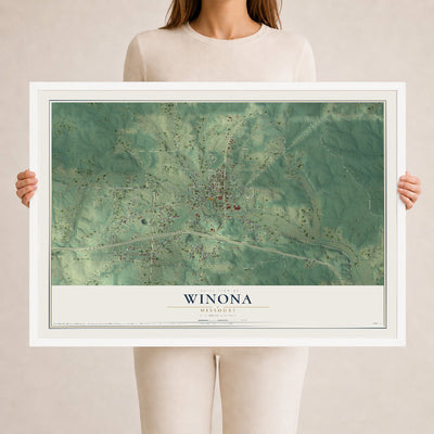 Map of Winona, Missouri, 24 x 36 inch print in a white wood frame
