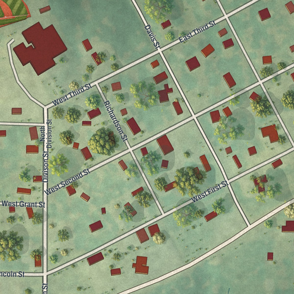 Close-up of the map of Winston, Missouri print showing street and building detail