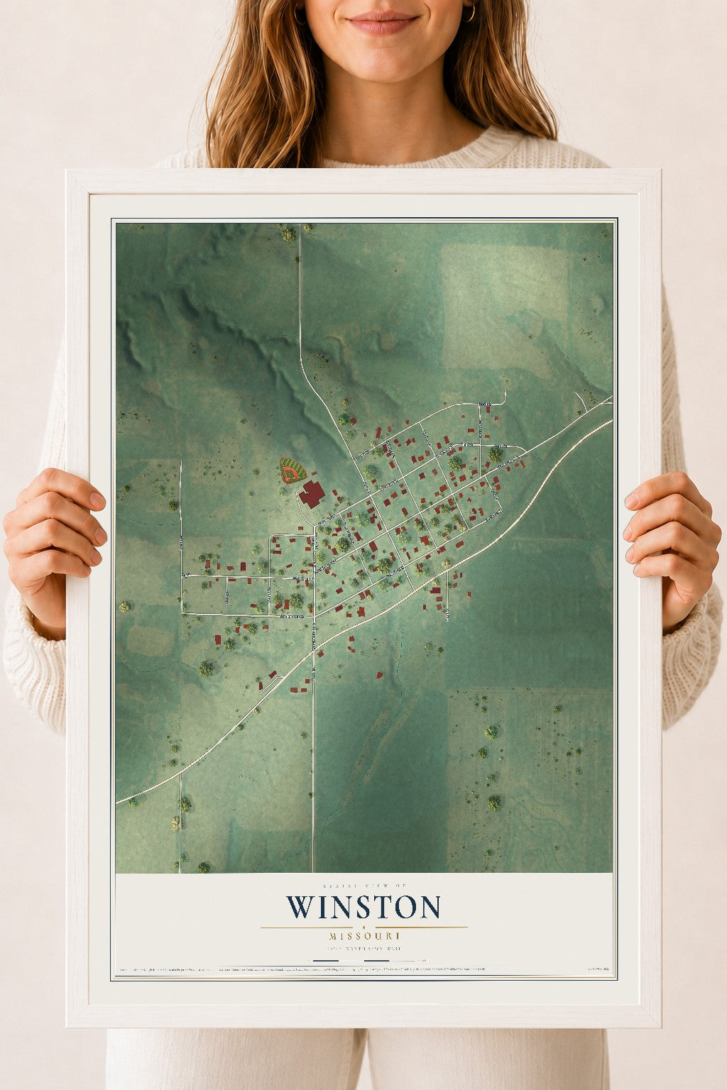 Map of Winston, Missouri, 18 x 24 inch print in a white wood frame