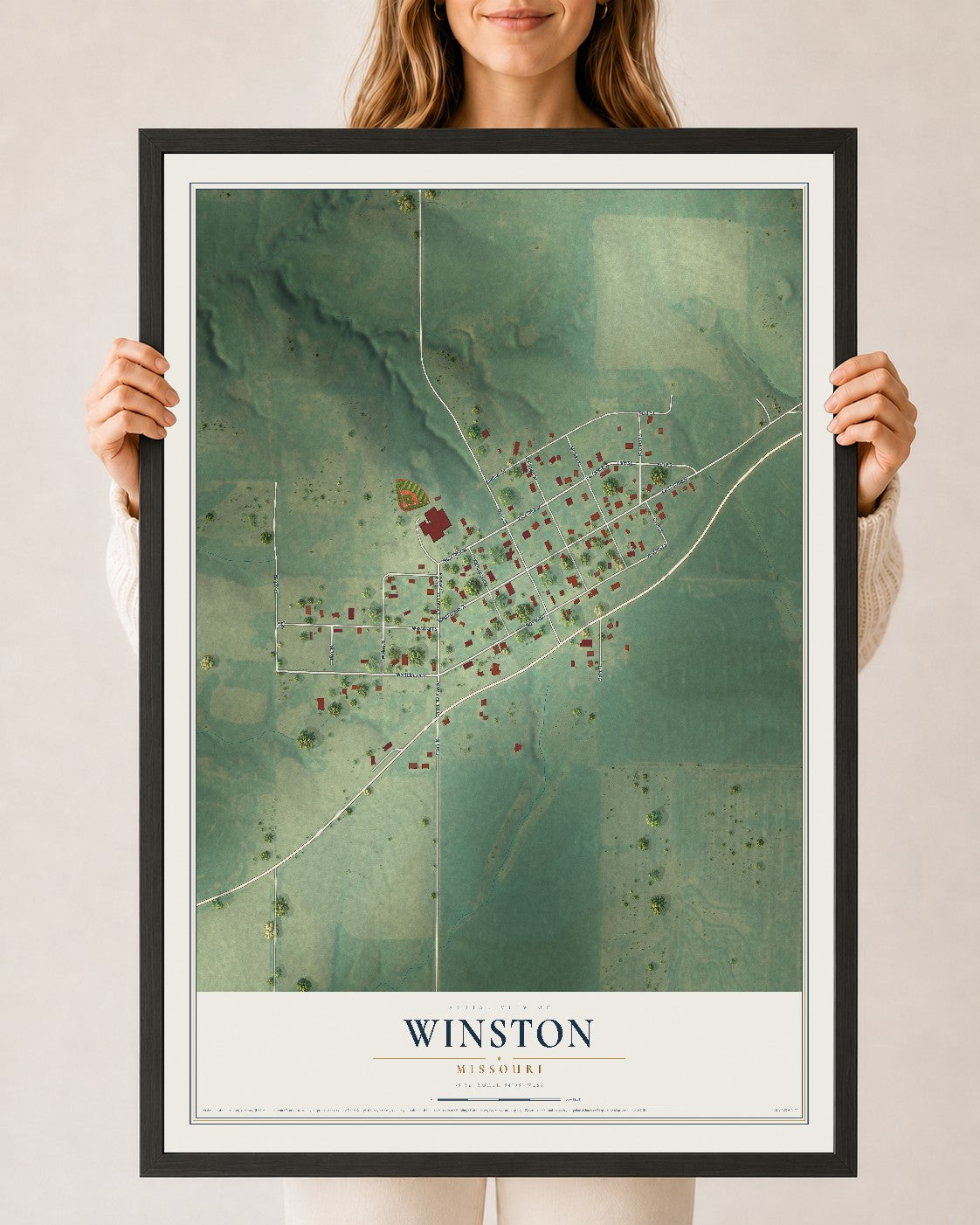 Map of Winston, Missouri, 24 x 36 inch print in a black wood frame