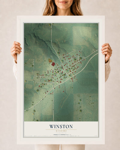 Map of Winston, Missouri, 24 x 36 inch print in a white wood frame