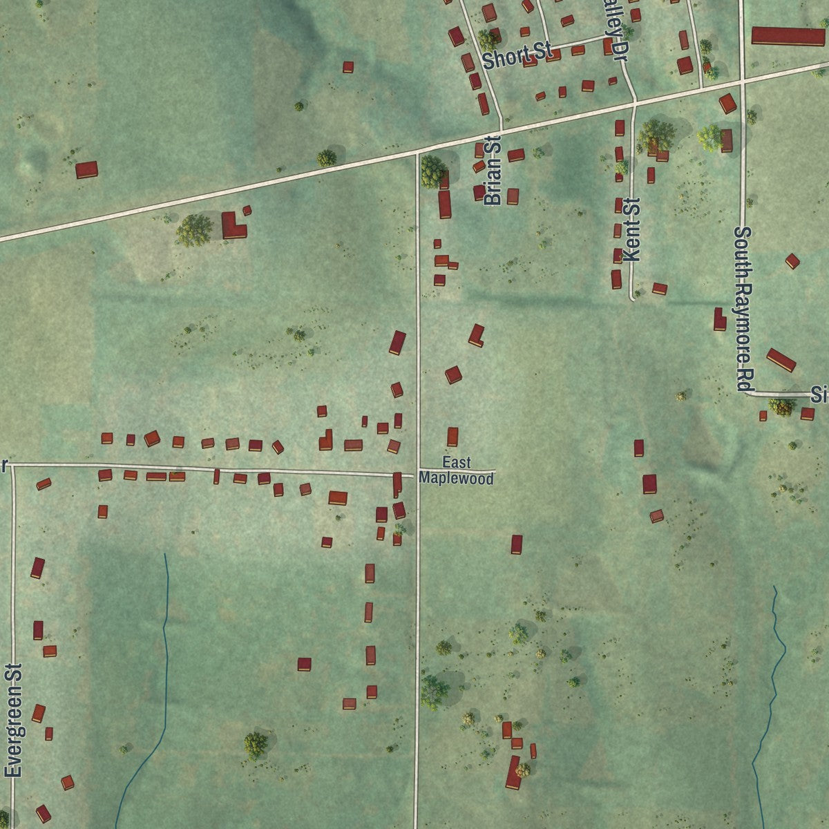 Close-up of the map of Wood Heights, Missouri print showing street and building detail