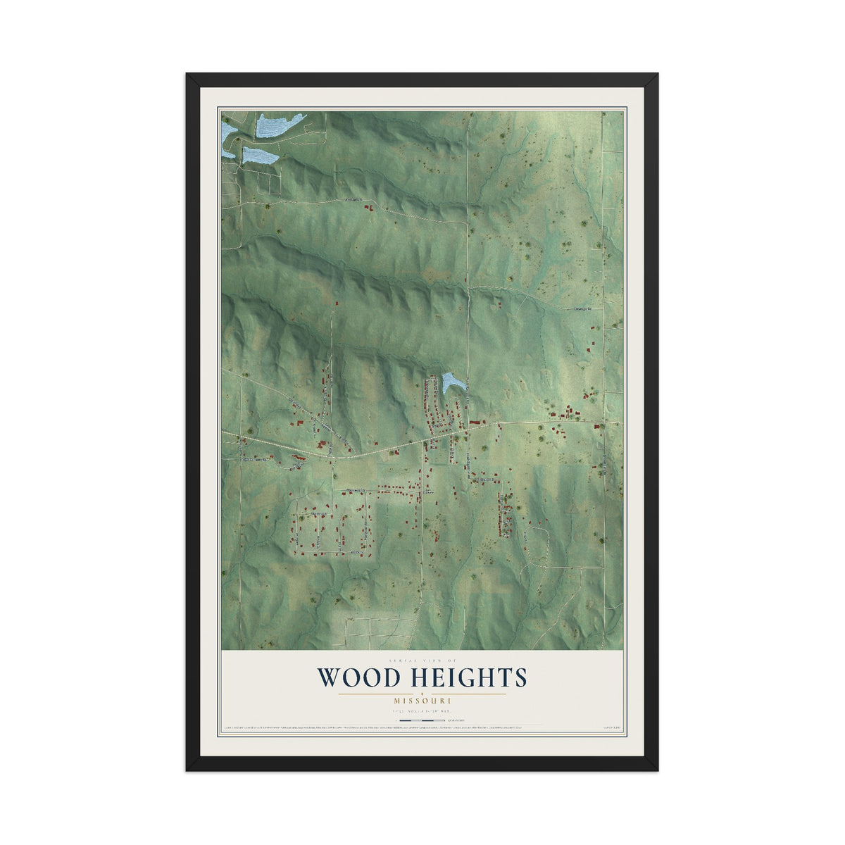 Map of Wood Heights, Missouri, 12 x 18 inch print in a black wood frame