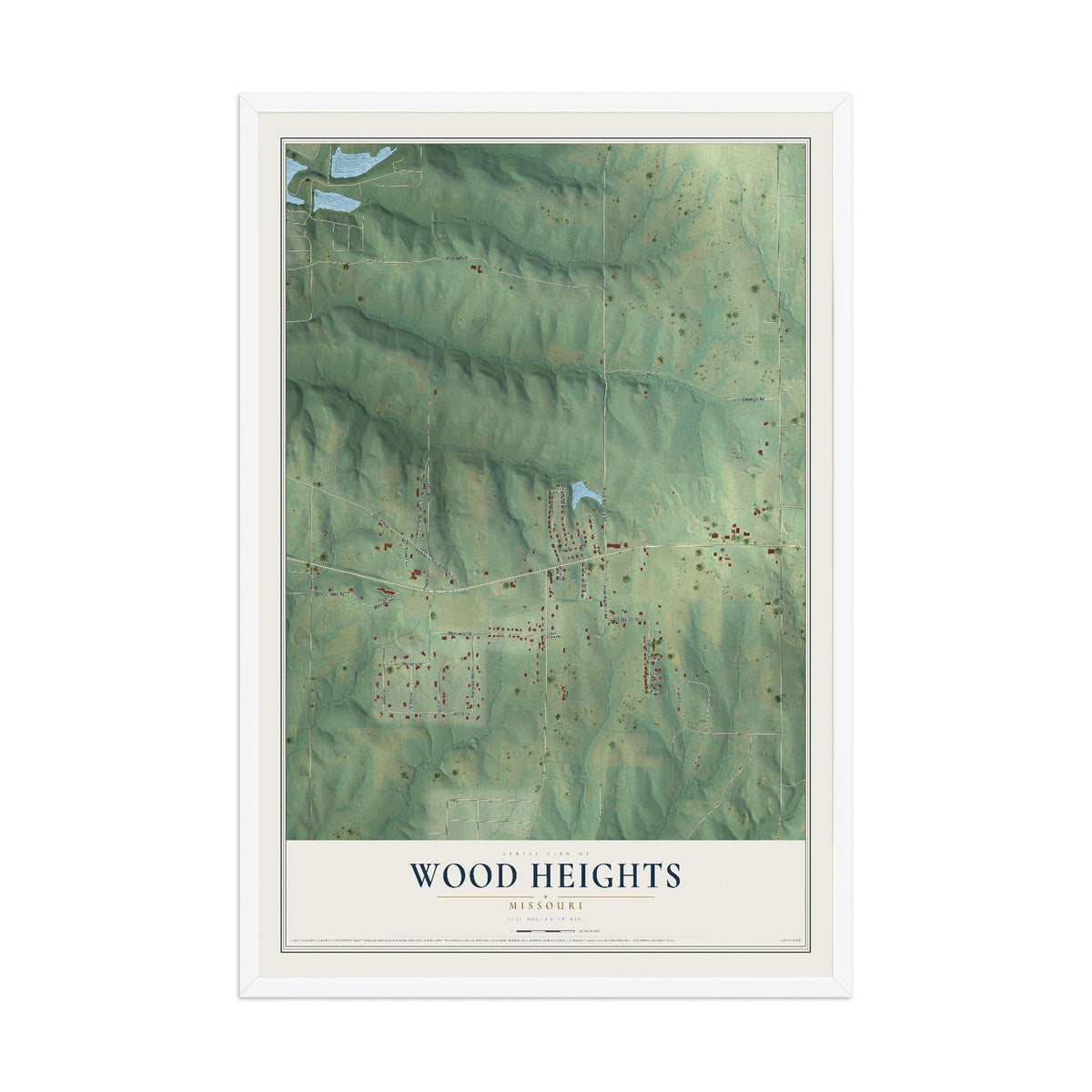 Map of Wood Heights, Missouri, 12 x 18 inch print in a white wood frame