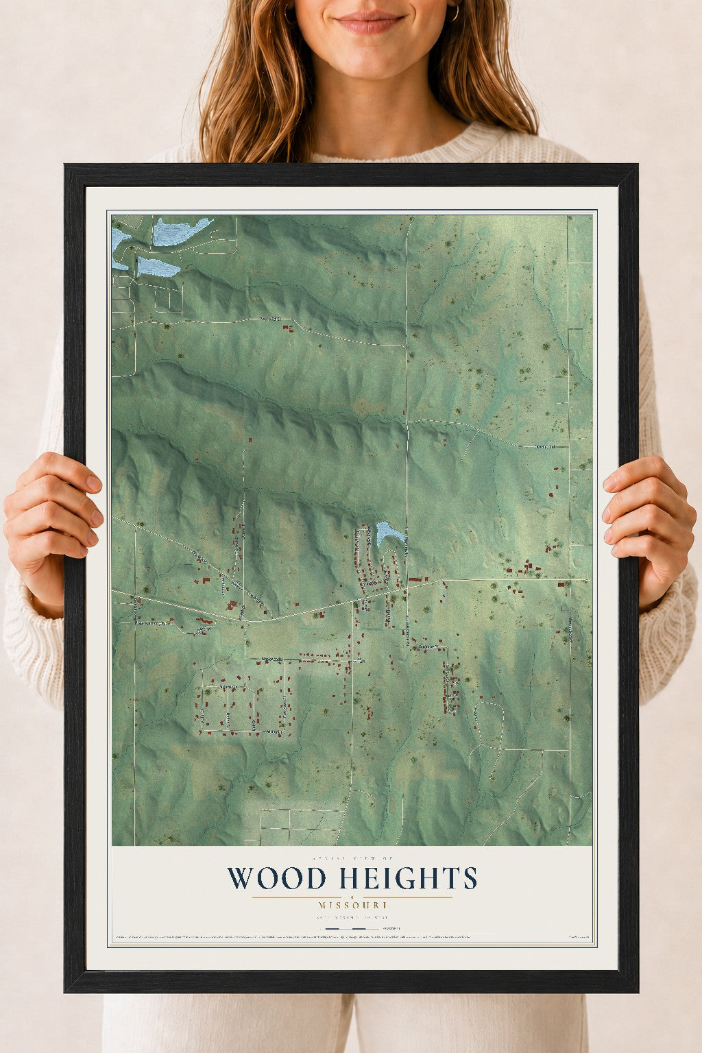 Map of Wood Heights, Missouri, 18 x 24 inch print in a black wood frame