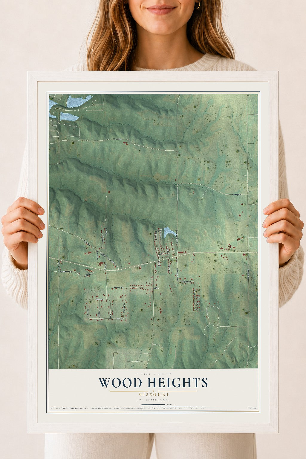 Map of Wood Heights, Missouri, 18 x 24 inch print in a white wood frame