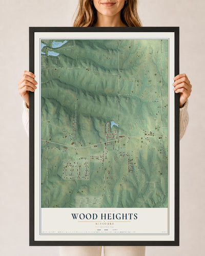 Map of Wood Heights, Missouri, 24 x 36 inch print in a black wood frame