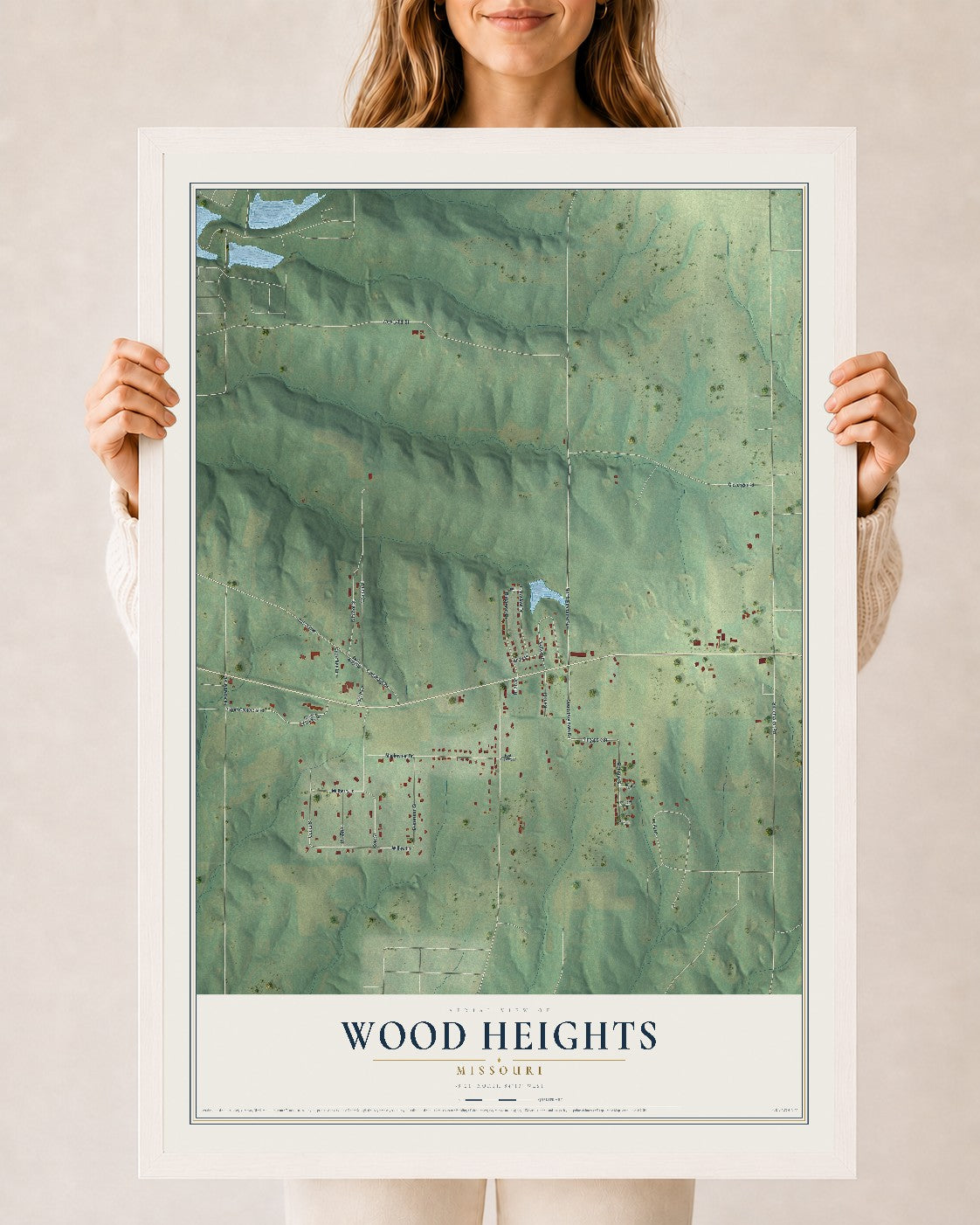 Map of Wood Heights, Missouri, 24 x 36 inch print in a white wood frame