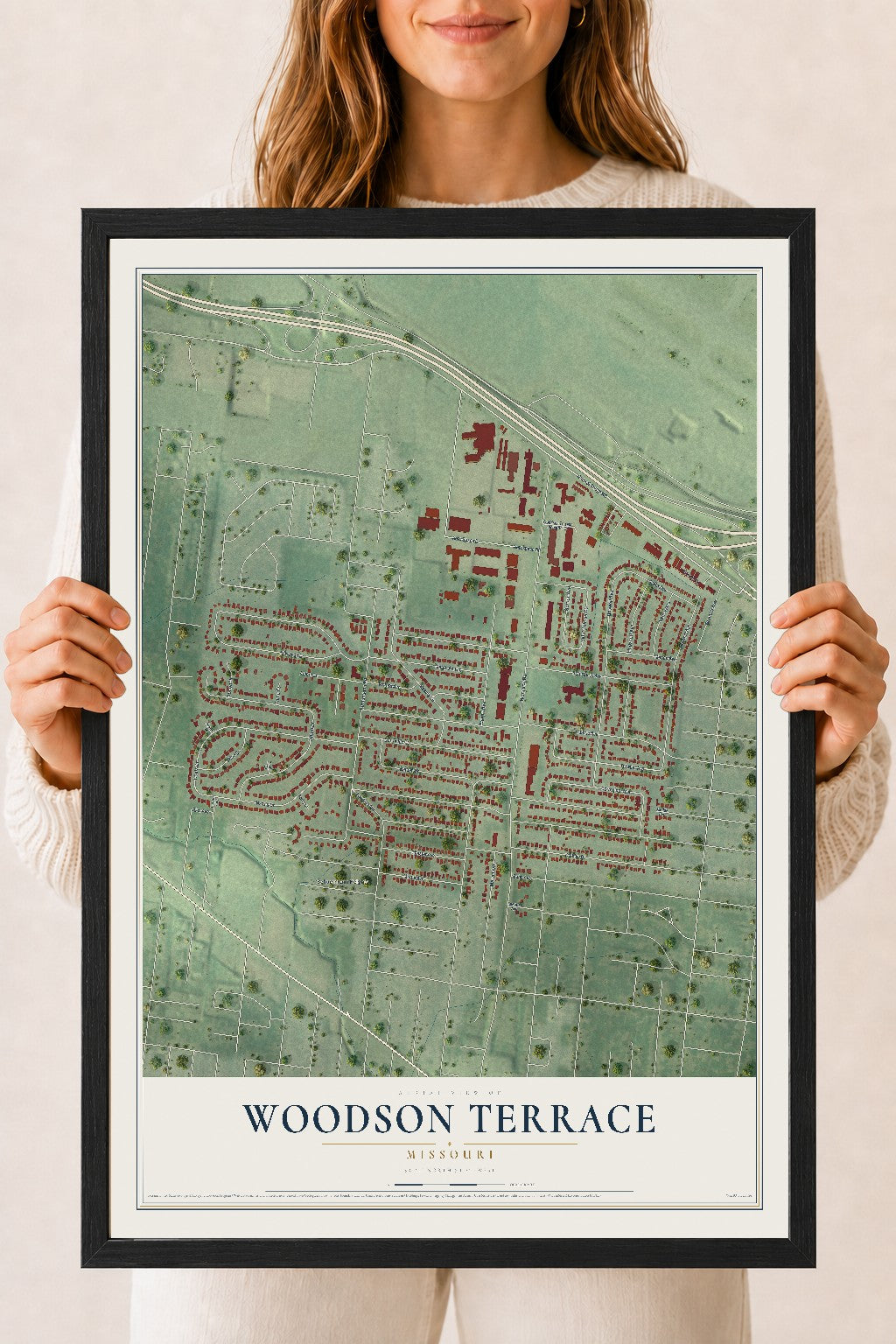 Map of Woodson Terrace, Missouri, 18 x 24 inch print in a black wood frame
