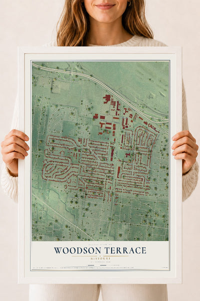 Map of Woodson Terrace, Missouri, 18 x 24 inch print in a white wood frame