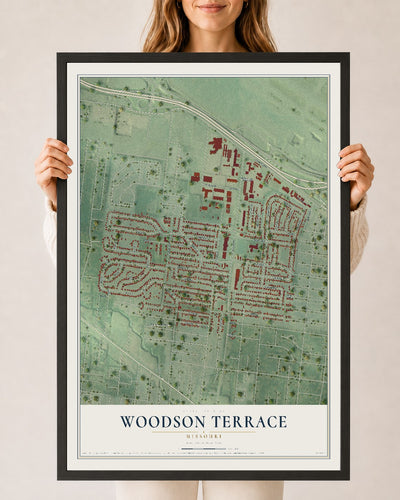 Map of Woodson Terrace, Missouri, 24 x 36 inch print in a black wood frame