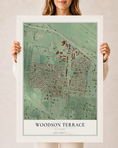 Map of Woodson Terrace, Missouri, 24 x 36 inch print in a white wood frame